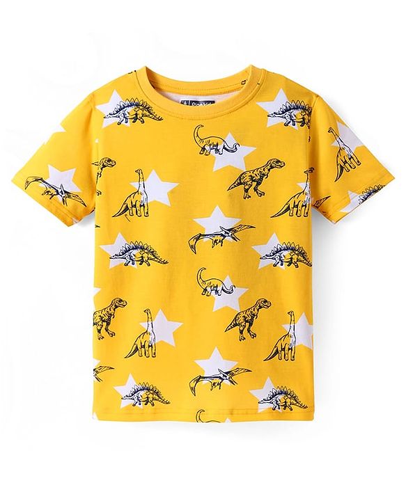 Pine Kids Single Jersey Knit Half Sleeves Night Suit with Dino Print - Yellow