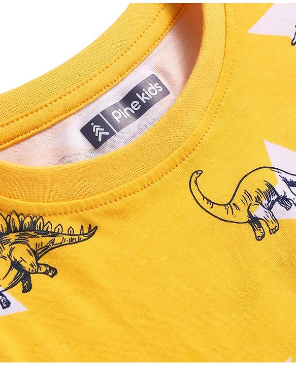 Pine Kids Single Jersey Knit Half Sleeves Night Suit with Dino Print - Yellow