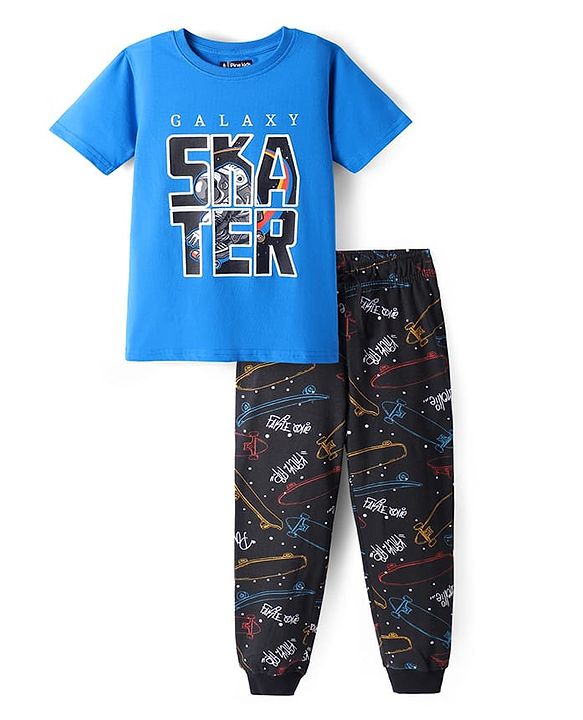 Pine Kids Single Jersey Knit Half Sleeves Night Suit with Skating Print - Blue