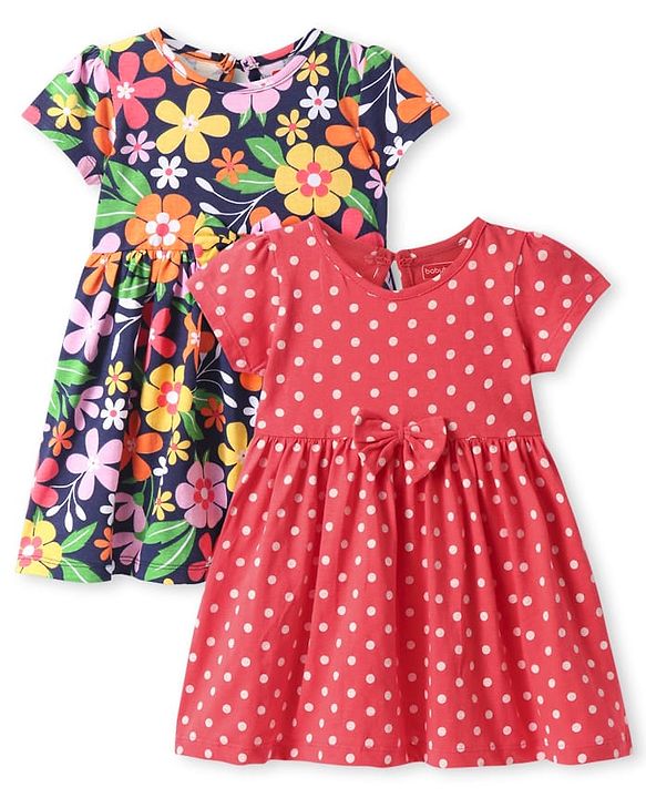 Babyhug Single Jersey Knit Half Sleeves Dresses With Polka Dot & Floral Print & Bow Applique Pack of 2 - Red & Navy Blue