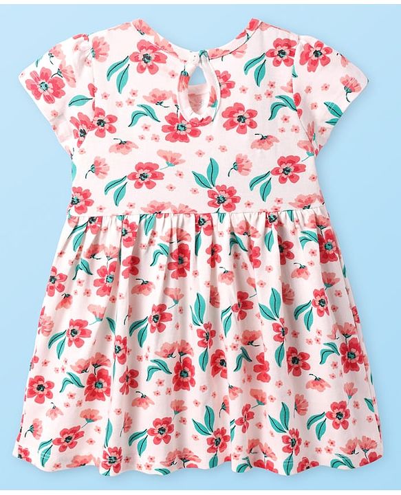 Babyhug Cotton Knit Half Sleeves Frock with Floral Print - Pink