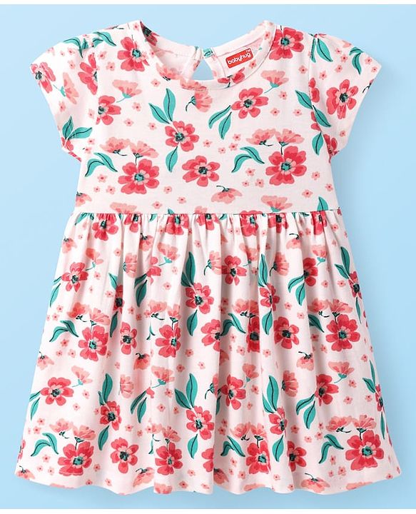 Babyhug Cotton Knit Half Sleeves Frock with Floral Print - Pink