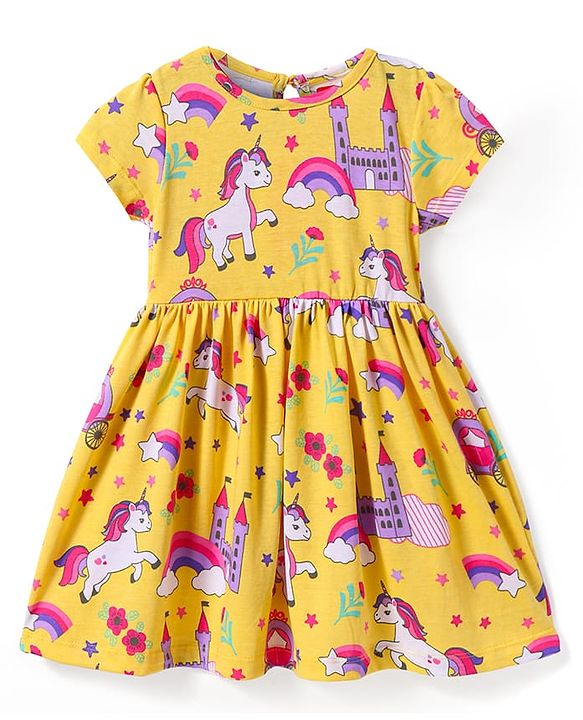 Babyhug Cotton Knit Half Sleeves Frock with Unicorn Print - Yellow