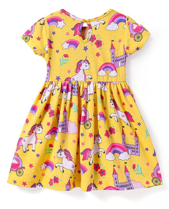 Babyhug Cotton Knit Half Sleeves Frock with Unicorn Print - Yellow