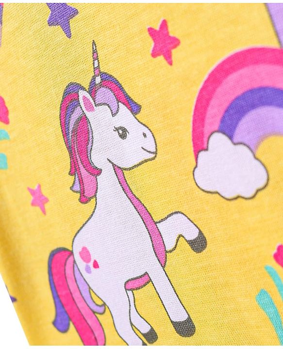 Babyhug Cotton Knit Half Sleeves Frock with Unicorn Print - Yellow