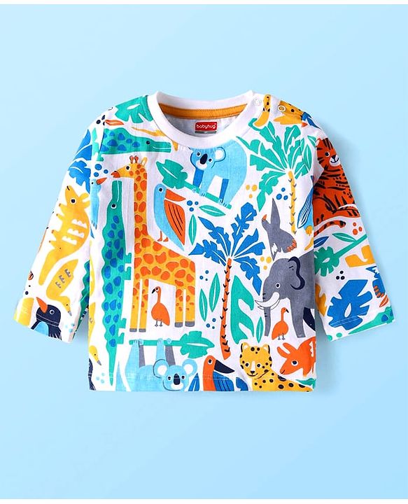 Babyhug Terry Knit Full Sleeves T-Shirt & Lounge Pant Set With Animal Print & Patch - White & Light Blue