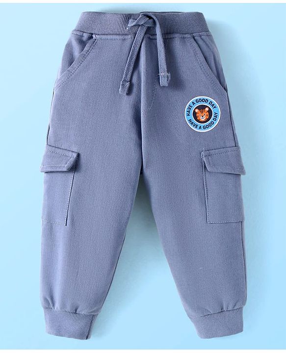Babyhug Terry Knit Full Sleeves T-Shirt & Lounge Pant Set With Animal Print & Patch - White & Light Blue