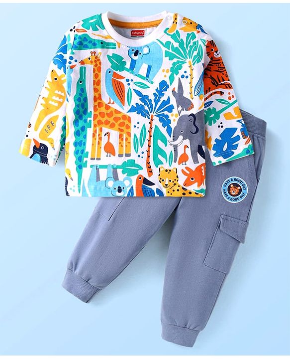 Babyhug Terry Knit Full Sleeves T-Shirt & Lounge Pant Set With Animal Print & Patch - White & Light Blue