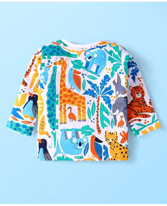 Babyhug Terry Knit Full Sleeves T-Shirt & Lounge Pant Set With Animal Print & Patch - White & Light Blue