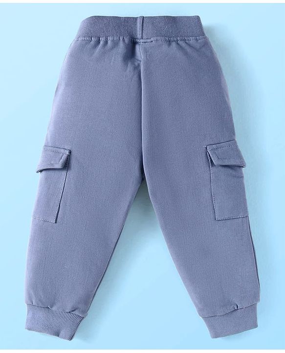 Babyhug Terry Knit Full Sleeves T-Shirt & Lounge Pant Set With Animal Print & Patch - White & Light Blue