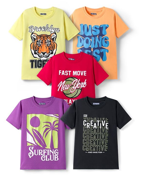 Pine Kids Cotton Knit Half Sleeves Printed T-Shirts Pack of 5 - Multicolor