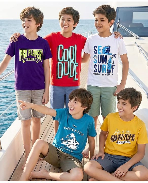 Pine Kids Cotton Knit Half Sleeves T-Shirts With Cool Dude Text Print Pack Of 5 - Red Yellow & Blue
