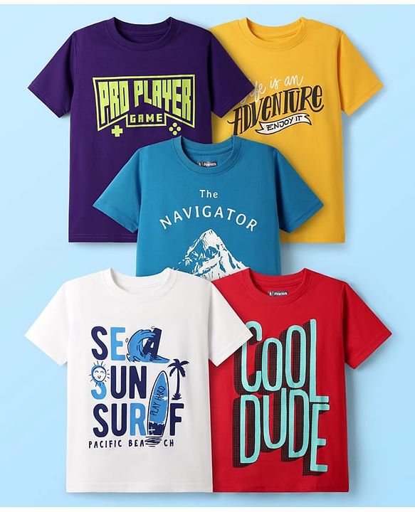 Pine Kids Cotton Knit Half Sleeves T-Shirts With Cool Dude Text Print Pack Of 5 - Red Yellow & Blue