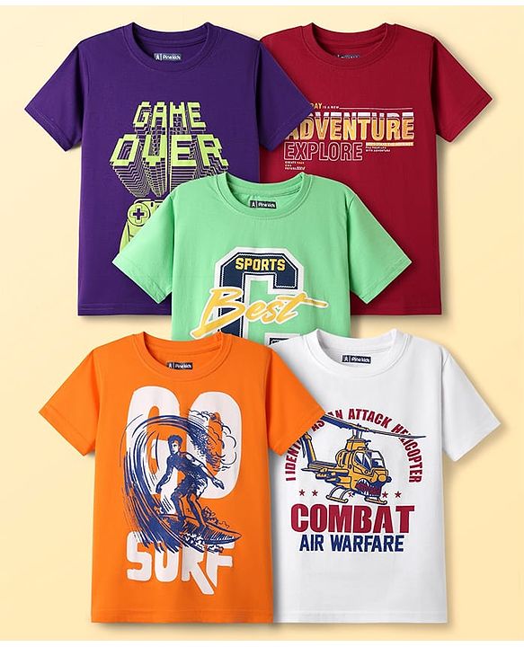 Pine Kids Cotton Knit Half Sleeves T-Shirts With Game Over Text Print Pack Of 5 - Red Light Green & White
