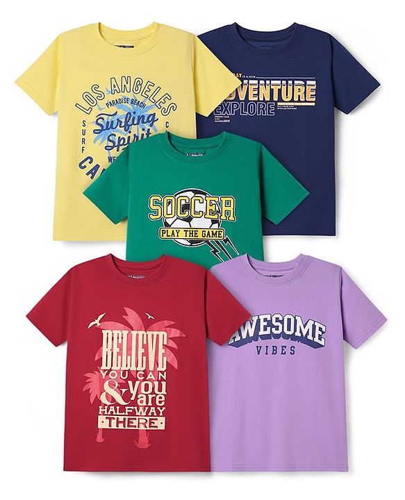 Pine Kids Cotton Knit Half Sleeves Printed T-Shirts Pack of 5 - Multicolor