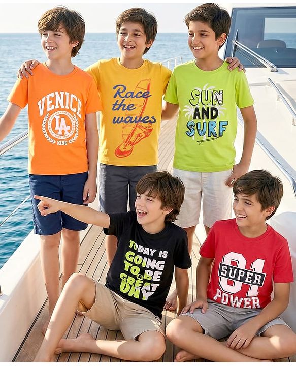 Pine Kids Cotton Knit Half Sleeves Printed T-Shirts Pack of 5 - Multicolor