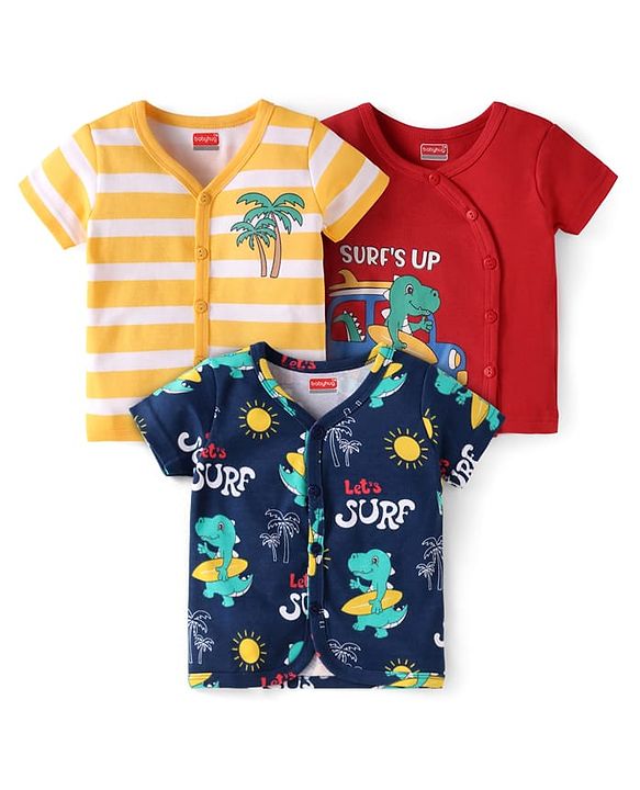 Babyhug Interlock Knit Half Sleeves Front Open Vests with Beach Theme Print & Stripes Pack of 3 - Red Navy Blue & White