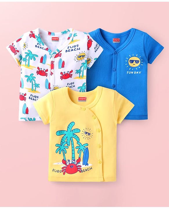 Babyhug 100% Cotton Woven Half Sleeves Front Open Vest with Beach Theme Print Pack Of 3 - Blue White & Yellow