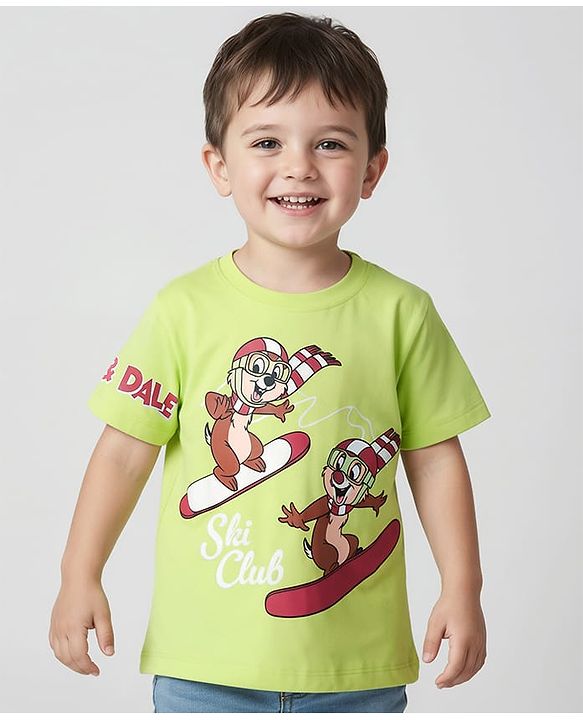 Babyhug Disney Single Jersey Knit Half Sleeves T-Shirt with Chip n Dale Graphics -Limegreen