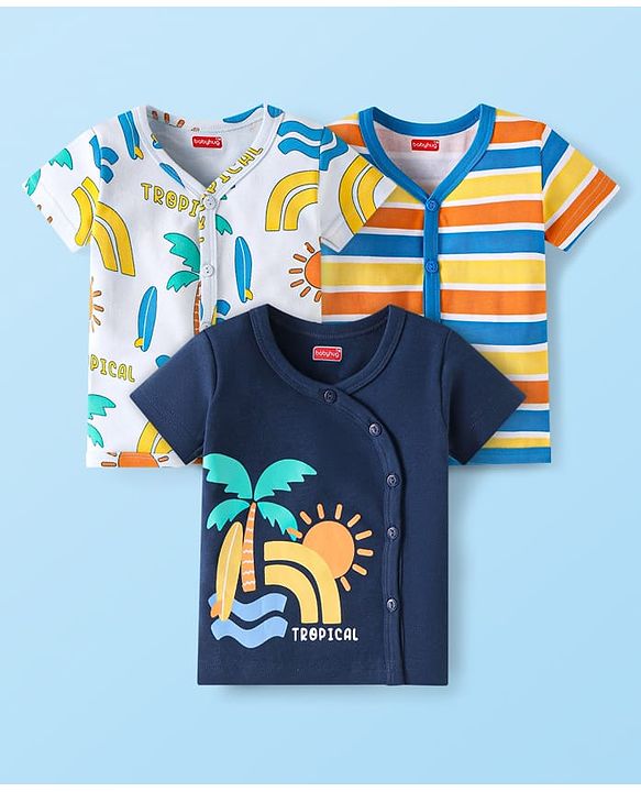 Babyhug Interlock Knit Half Sleeves Front Open Vests with Tropical Theme Print & Stripes Pack of 3 - Navy Blue & White