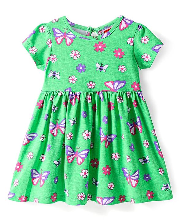Babyhug Cotton Knit Half Sleeves Frock With Butterfly & Floral Print - Green