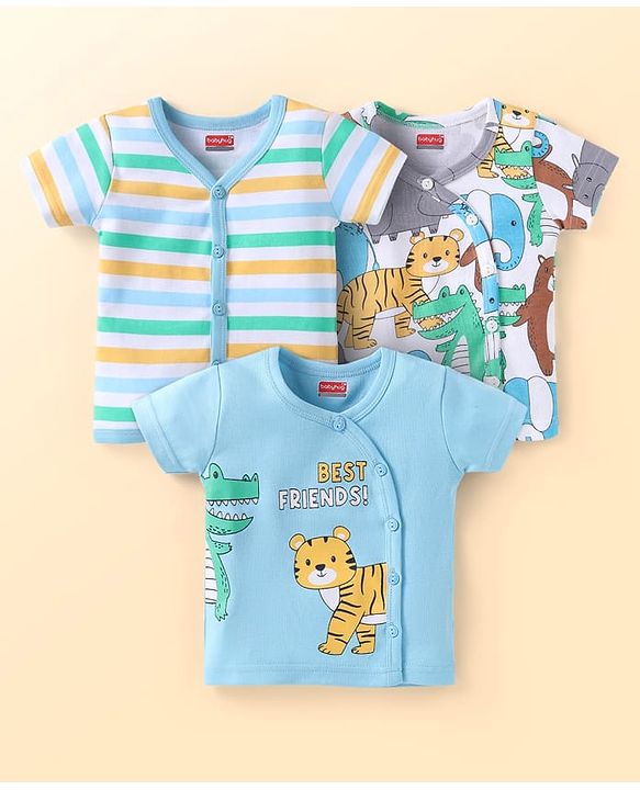 Babyhug Interlock Knit Half Sleeves Front Open Vests with Animal Print & Stripes Pack of 3 - Light Blue & White