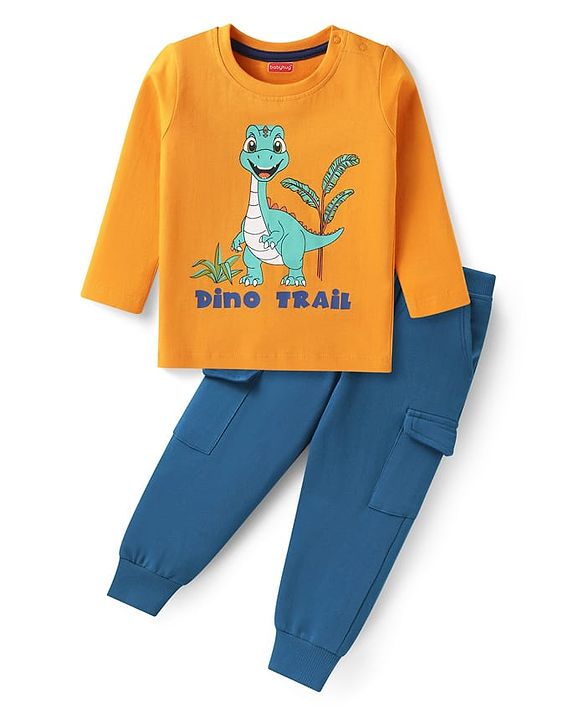 Babyhug Single Jersey Knit Full Sleeves T-Shirt & Joggers Set with Dino Print - Blue & Orange