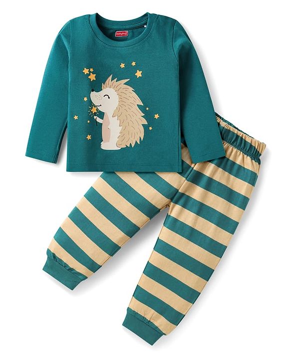 Babyhug Cotton Knit Full Sleeves Night Suit with Hedgehog Print & Stripes - Teal Blue