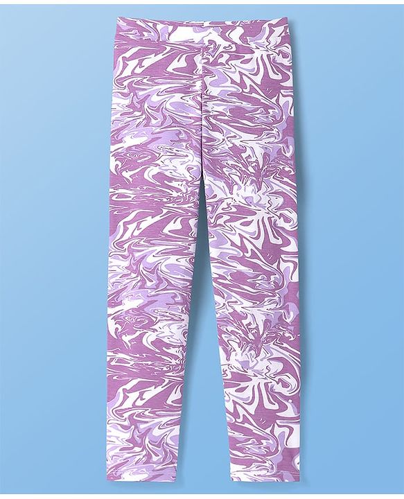Pine Kids Cotton Lycra Knit Full Length Legging With Abstract Print - Purple & White