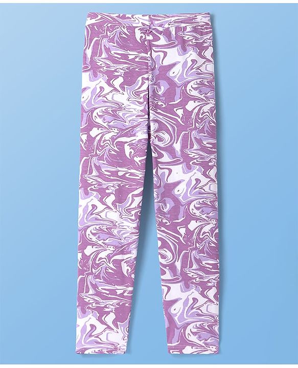 Pine Kids Cotton Lycra Knit Full Length Legging With Abstract Print - Purple & White