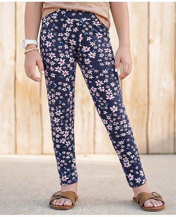 Pine Kids Cotton Lycra Knit Full Length Leggings with Floral Print - Navy Blue