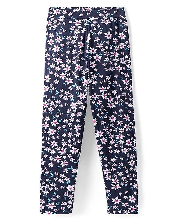 Pine Kids Cotton Lycra Knit Full Length Leggings with Floral Print - Navy Blue