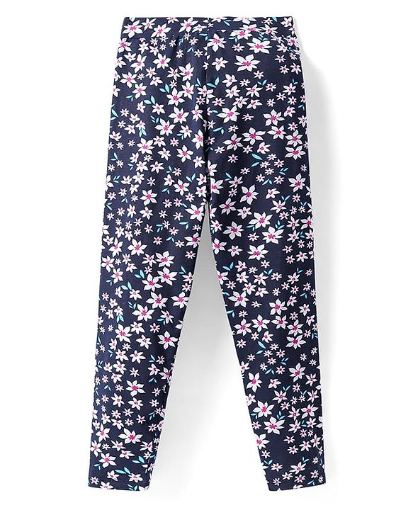 Pine Kids Cotton Lycra Knit Full Length Leggings with Floral Print - Navy Blue