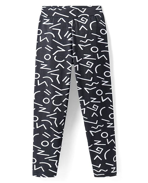 Pine Kids Cotton Lycra Knit Full Length Leggings with Print - Black & White