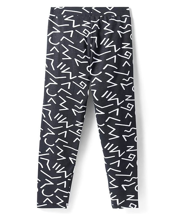 Pine Kids Cotton Lycra Knit Full Length Leggings with Print - Black & White