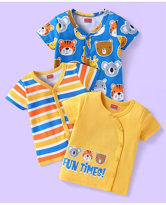 Babyhug 100% Cotton Knit Half Sleeves Front Open Striped Vests with Bear Print Pack of 3 - Blue Yellow & Red
