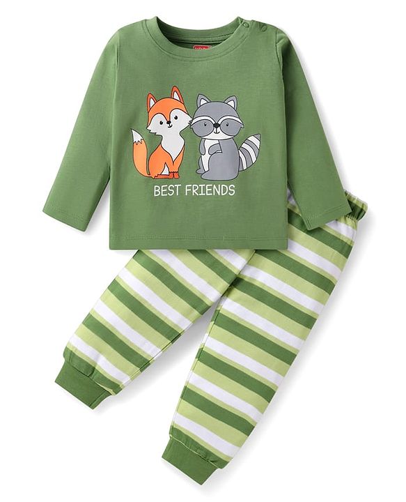 Babyhug Cotton Knit Full Sleeves Night Suit with Fox & Sloth Bear Print & Stripes - Green