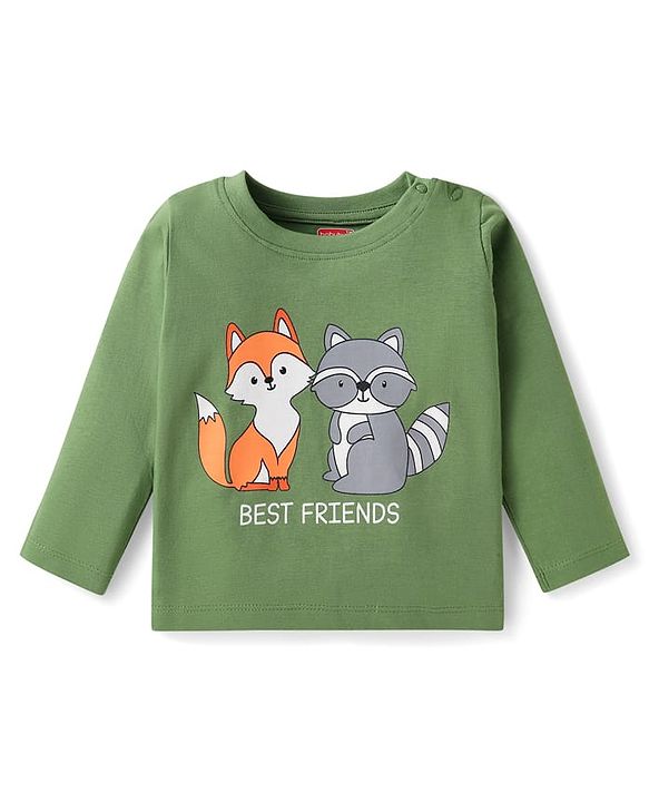 Babyhug Cotton Knit Full Sleeves Night Suit with Fox & Sloth Bear Print & Stripes - Green
