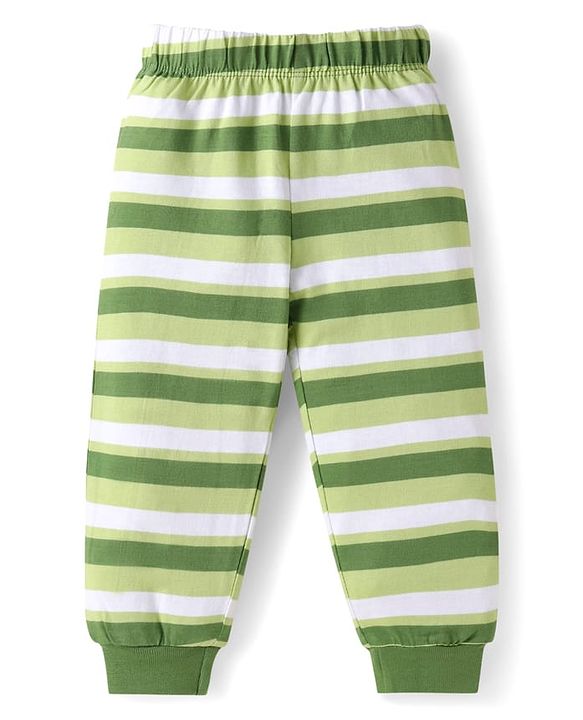 Babyhug Cotton Knit Full Sleeves Night Suit with Fox & Sloth Bear Print & Stripes - Green