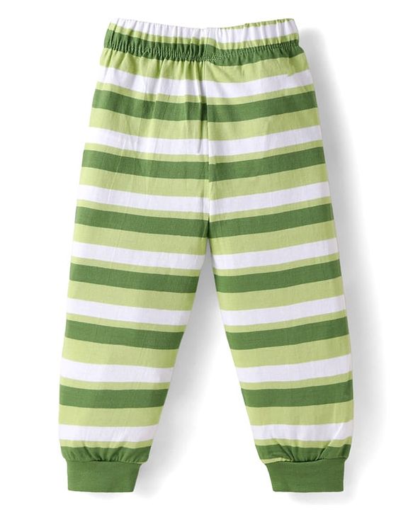 Babyhug Cotton Knit Full Sleeves Night Suit with Fox & Sloth Bear Print & Stripes - Green