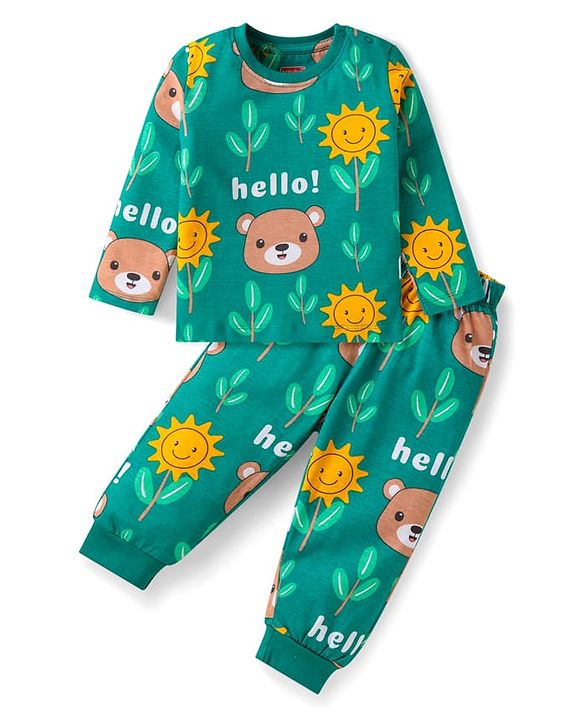 Babyhug Cotton Knit Full Sleeves Night Suit with Bear Print - Green