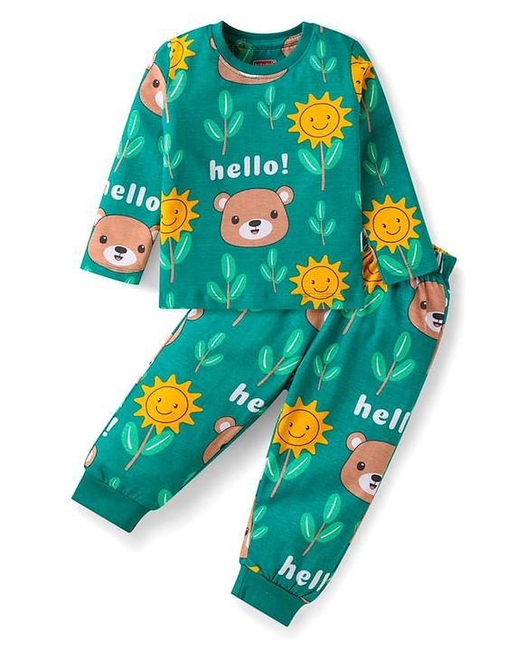 Babyhug Cotton Knit Full Sleeves Night Suit with Bear Print - Green