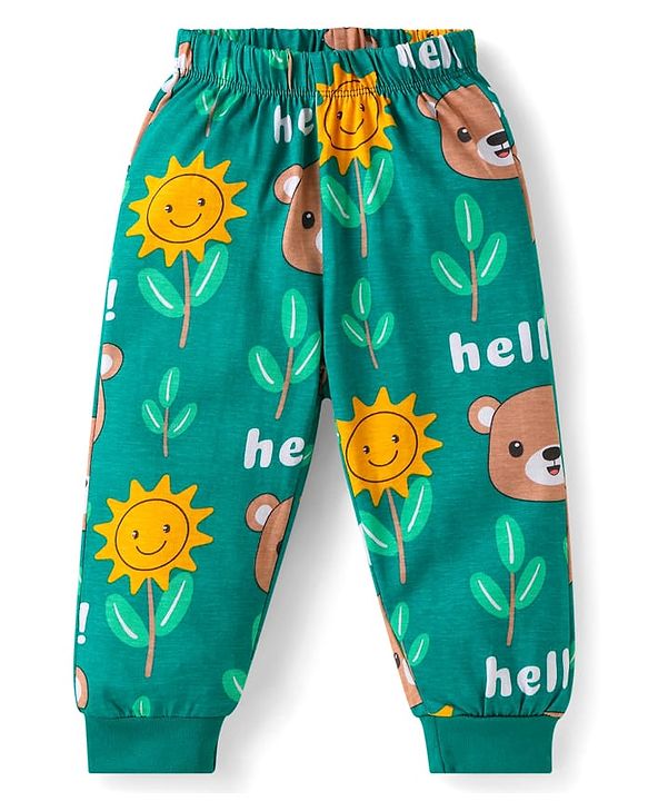 Babyhug Cotton Knit Full Sleeves Night Suit with Bear Print - Green