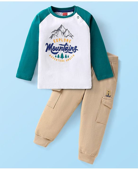 Babyhug Single Jersey Knit Raglan Sleeves T-Shirt & Joggers with Text Print - White Green & Tan