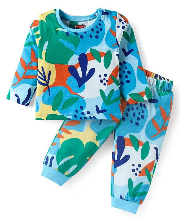 Babyhug Cotton Knit Full Sleeves Co-Ord Night Suit with Leaves Print - Light Blue