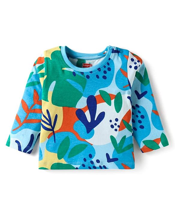 Babyhug Cotton Knit Full Sleeves Co-Ord Night Suit with Leaves Print - Light Blue