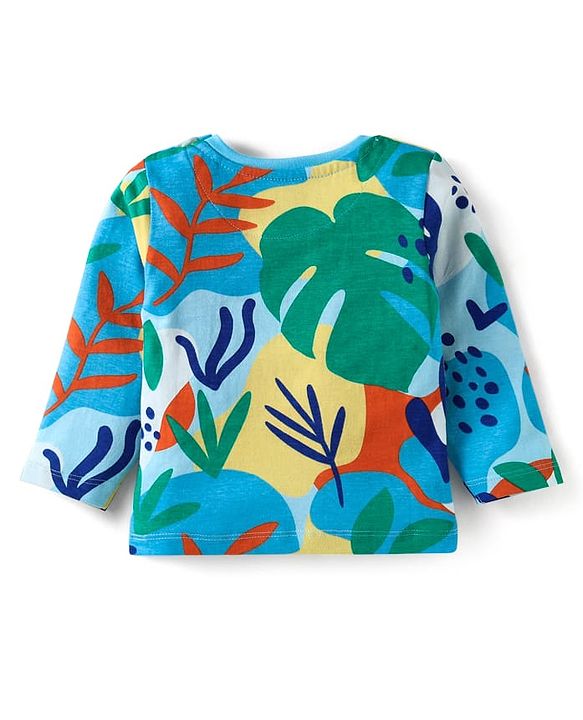 Babyhug Cotton Knit Full Sleeves Co-Ord Night Suit with Leaves Print - Light Blue