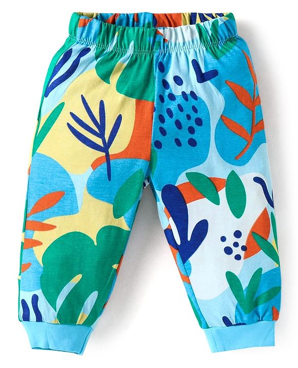 Babyhug Cotton Knit Full Sleeves Co-Ord Night Suit with Leaves Print - Light Blue