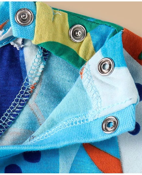 Babyhug Cotton Knit Full Sleeves Co-Ord Night Suit with Leaves Print - Light Blue