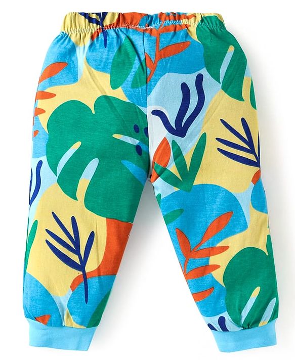 Babyhug Cotton Knit Full Sleeves Co-Ord Night Suit with Leaves Print - Light Blue